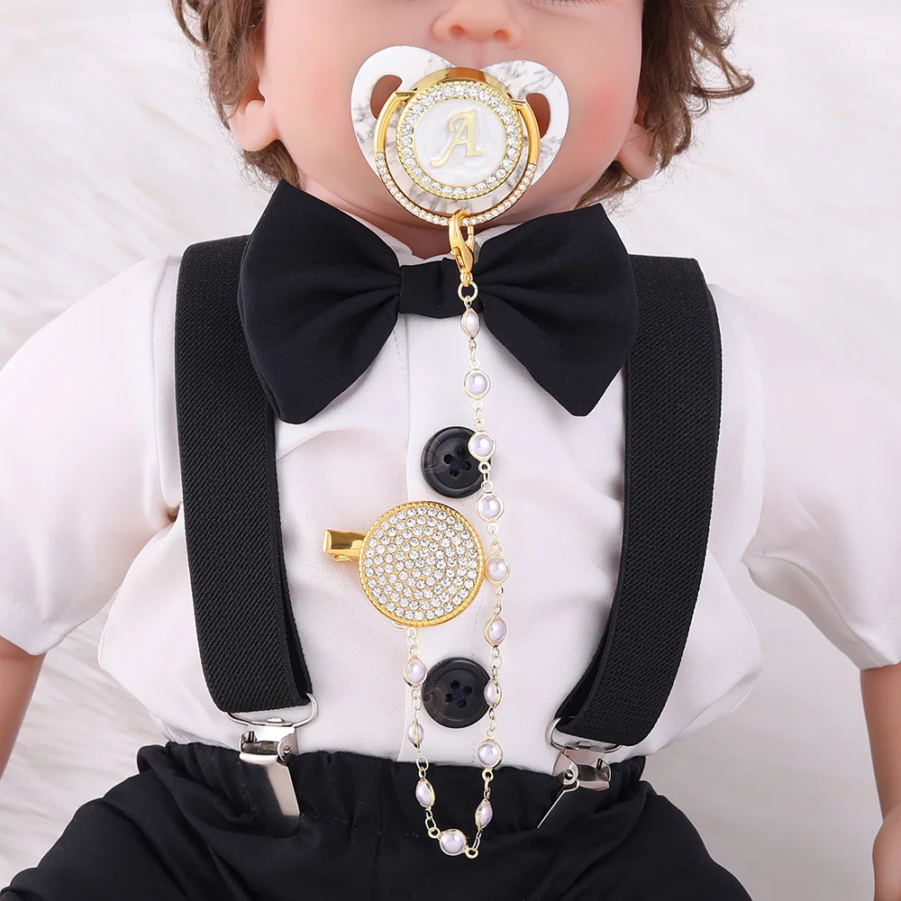 

26 Initial Letter White Gold Baby Pacifier with Clip Chain Newborn BPA Free Pearl Luxury Bling Dummy Soother Chupeta 0-18 Months