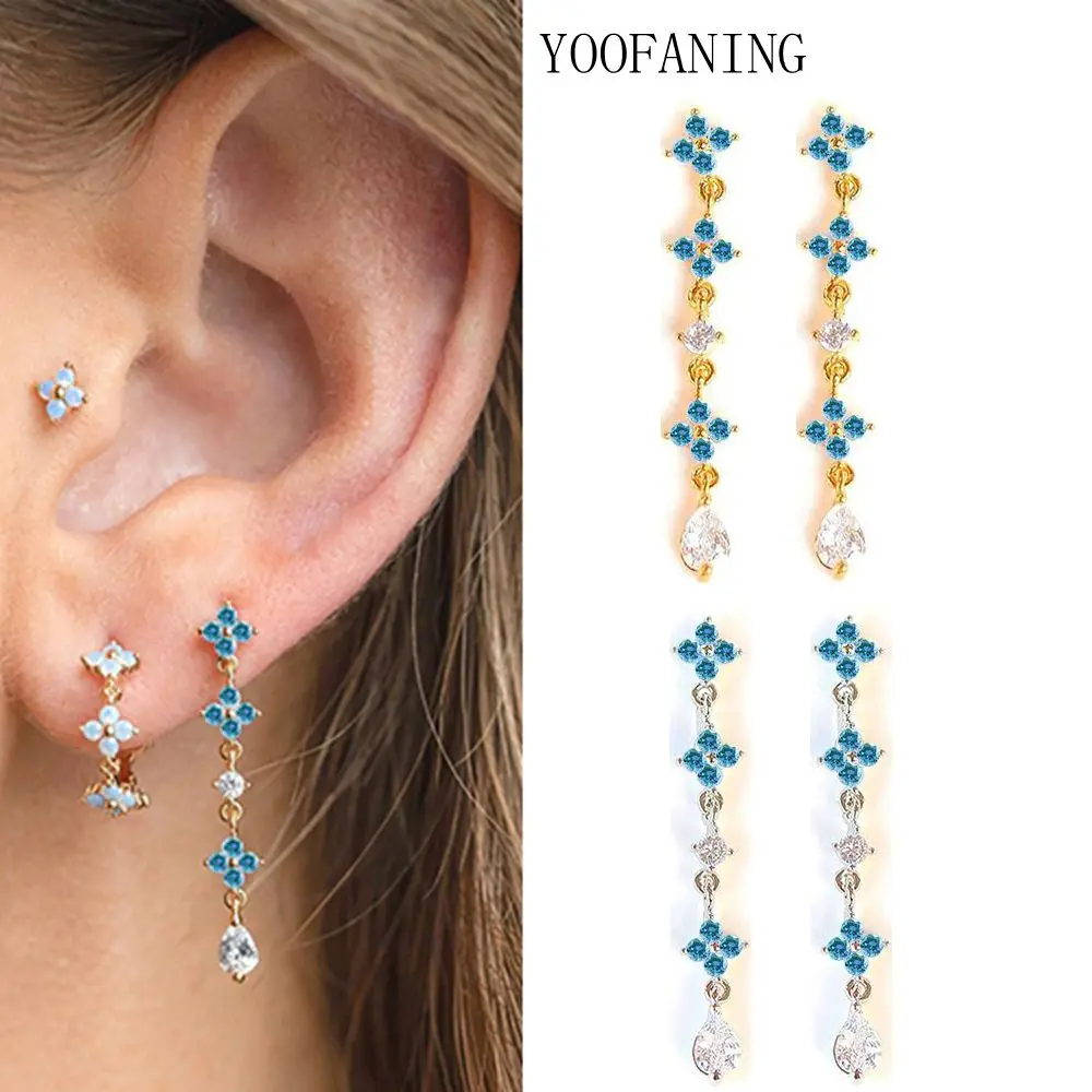 Фото Серьги-гвоздики из серебра 925 пробы с синей застежкой, изысканные серьги-кисточки с цветами и кристаллами, перфорированные, для женщин, ювелирный подарок №2