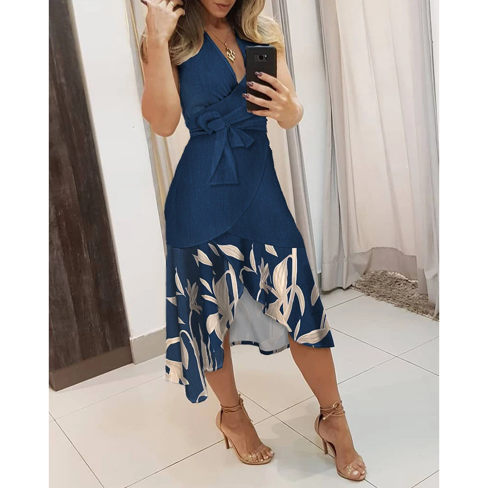 

Fashion Women V Neck Plants Print Ruffle Hem Sleeveless Asymmetrical Belted Midi Dress Sexy High Waist A-Line Midi Dress Summer