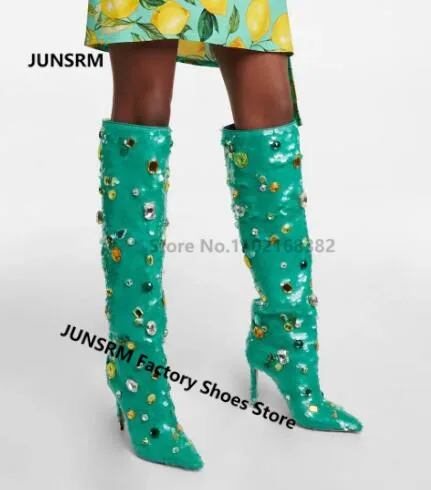 2022 Winter Green Scales Knee High Boot Pointed Toe Bling Rhinestone Diamonds Women Sexy Run Way Thin High Heel Party Long Botas