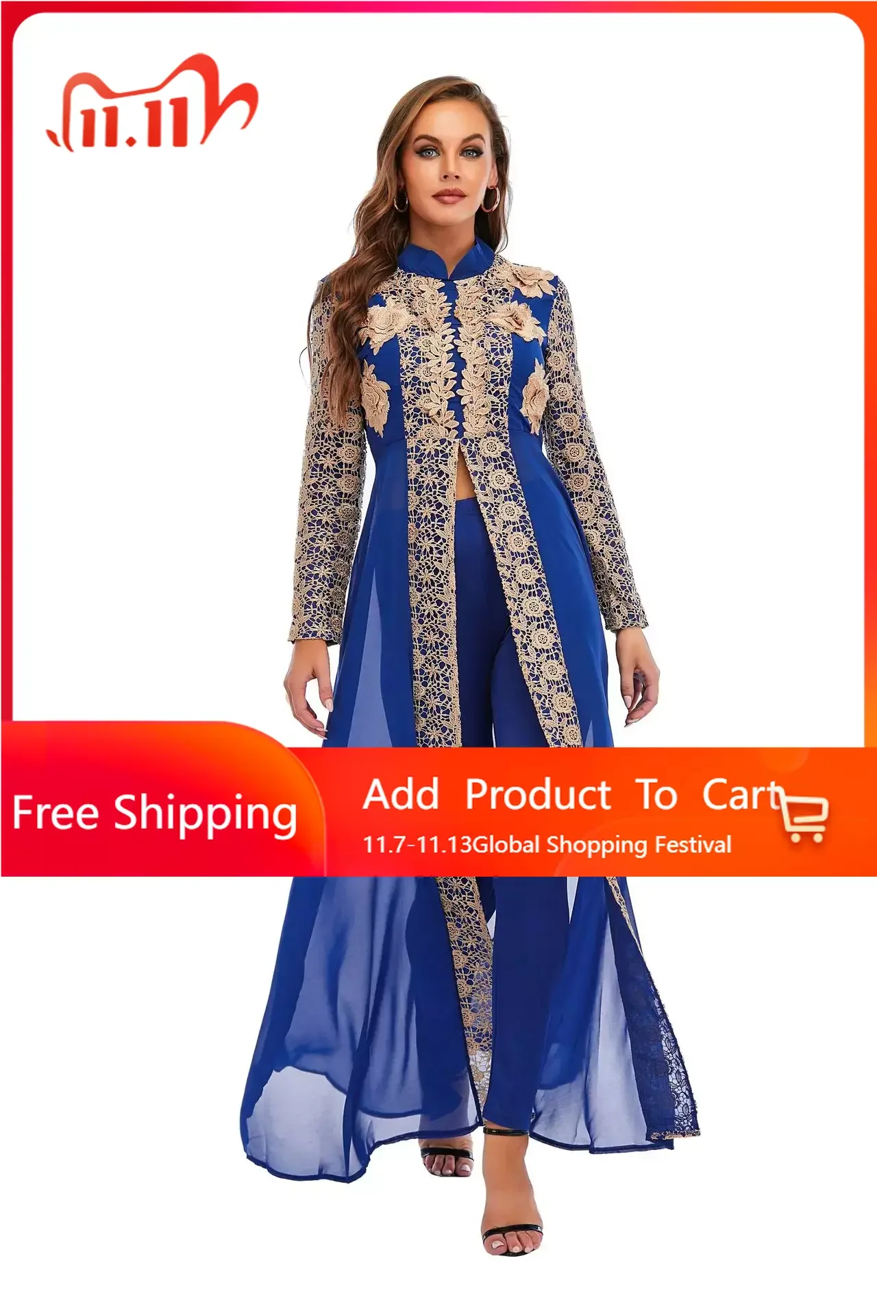 

Женское платье-макси с цветочным принтом, длинным рукавом и воротником-стойкой