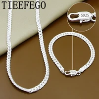 tieefego s925 sterling silver 2 piece 5mm full sideways chain necklace bracelet for women men fashion jewelry sets wedding gift