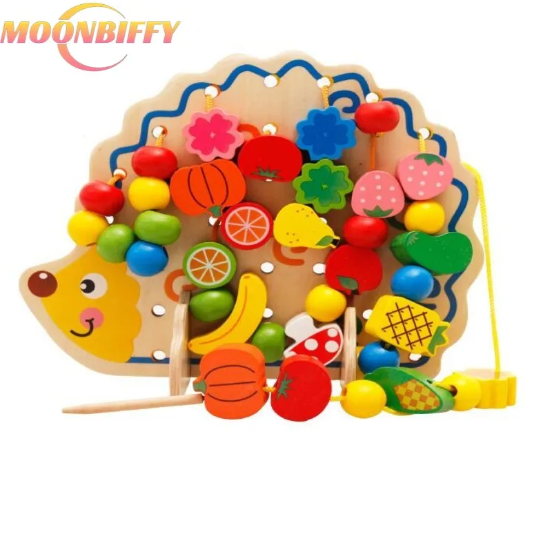 

82Pcs Wooden Fruits Vegetables Lacing Stringing Beads Toys With Hedgehog Board Montessori Educational Toy Puzzle Toys Gift Kids