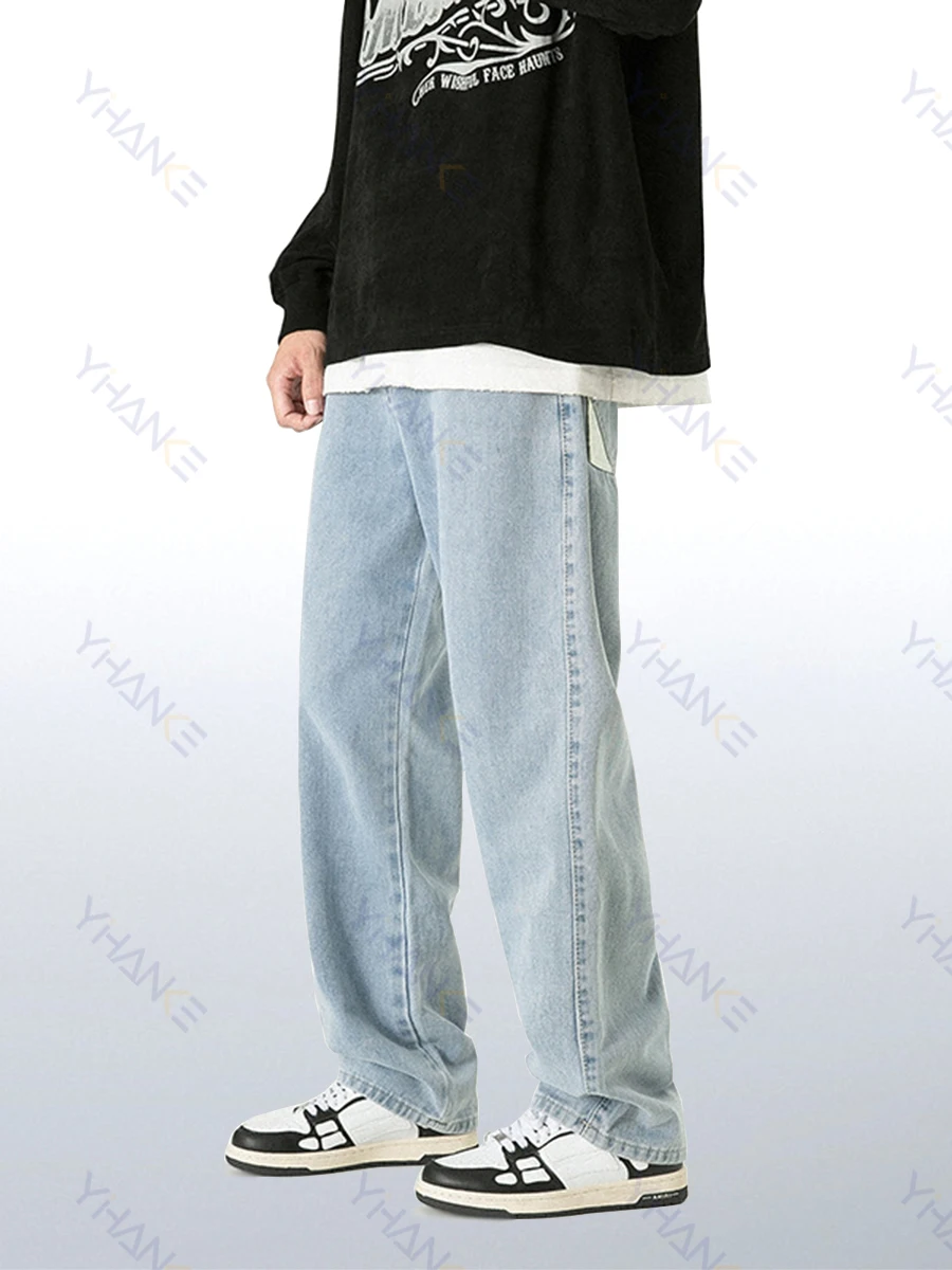 European and American Fashion Men's Stitching Back Pocket Jeans American Trend Retro Loose Straight Wide Leg Pants Streetwear