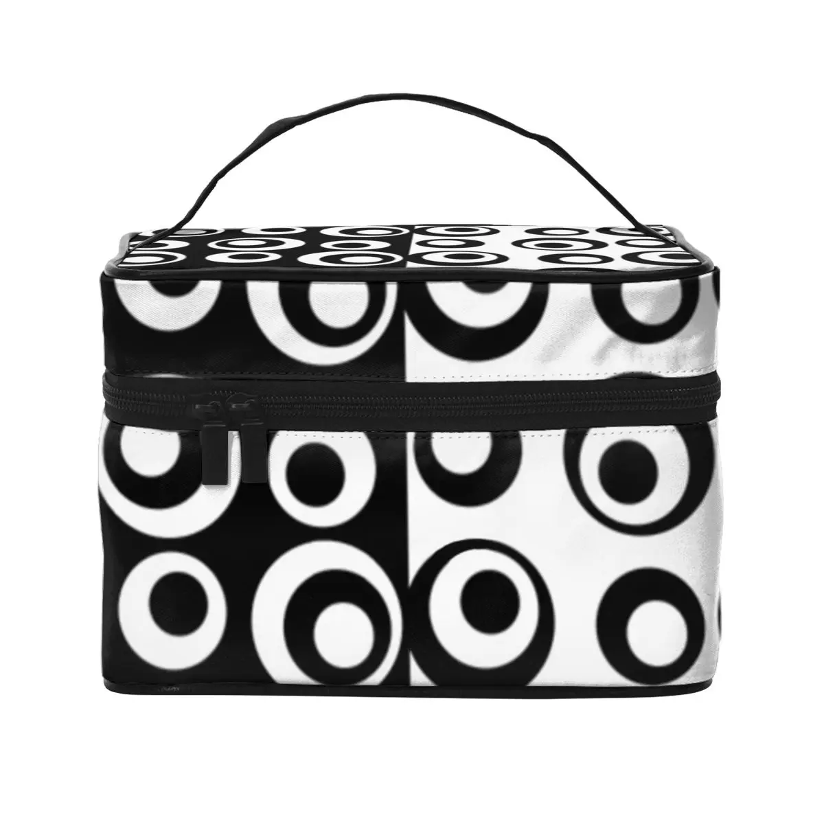 

Black And White Two Tone Cosmetic Bags Mod Love Circles Dots Organization Storage Organizers with HandleRestroom Makeup Pouch