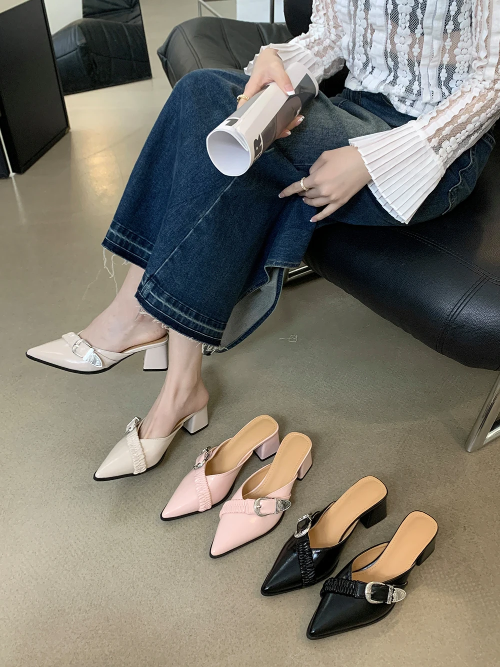 Мюли женские с острым носком летние туфли-лодочки на толстом высоком каблуке