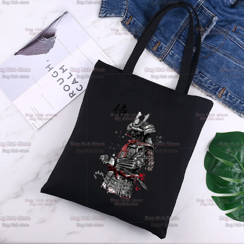

Самурайский воин бусхидо, холщовая японская сумка с графическим принтом, сумка-шоппер, женские сумки в стиле Харадзюку, сумка на плечо, черн...