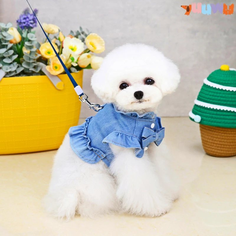 

Summer Dog Denim Dress Harness Dress with D-Ring Dog Shirt Cat Denim Vest Puppy Outdoor Walk Chest Strap Dress Pet Clothes Shirt