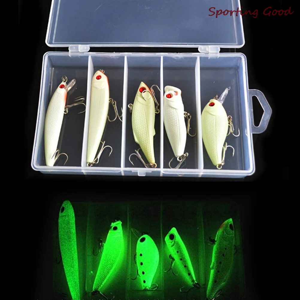 

5Pcs/Set Artificial Wobbler Hard Glow In Dark Night Fishing Lure Bait Kit Popper Crank Minnow Luminous Bait With Lure Box