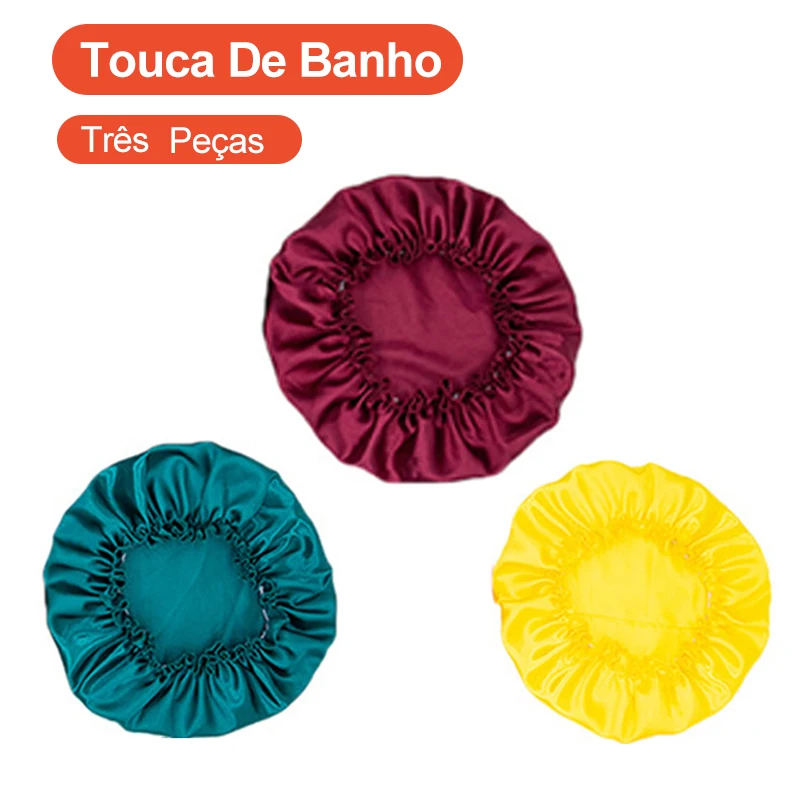 

Red Yellow Cyan 3 Single-Layer Satin Shower Cap Nightcap Home Cleaning Shower Cap Confinement Chemotherapy