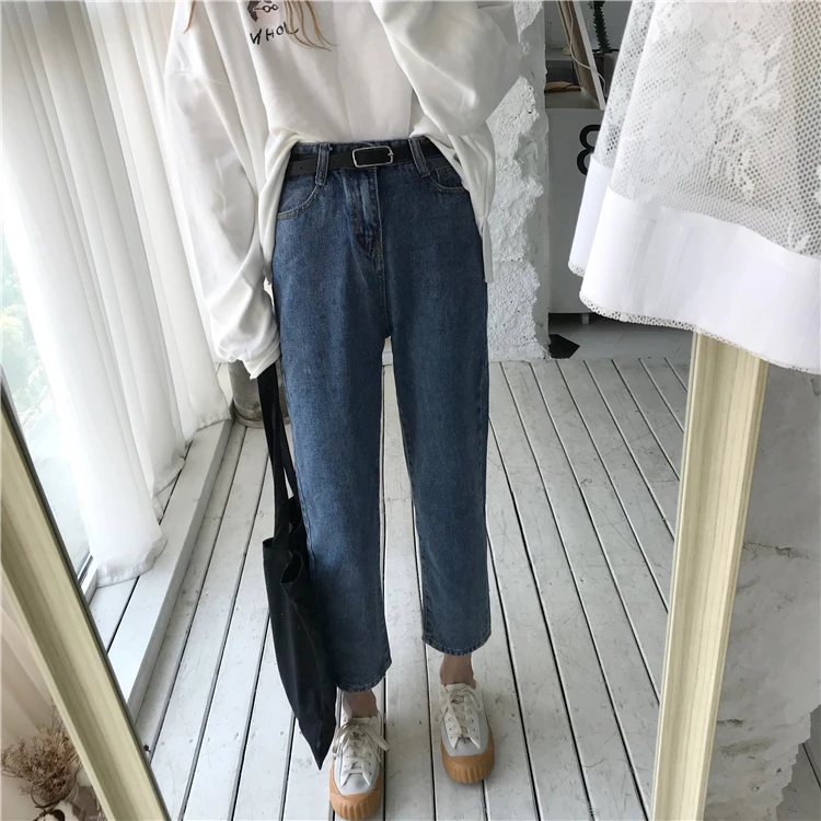 

N0454 Loose retro all-match pants high waist slim nine-point pants straight-leg pants wide-leg pants jeans