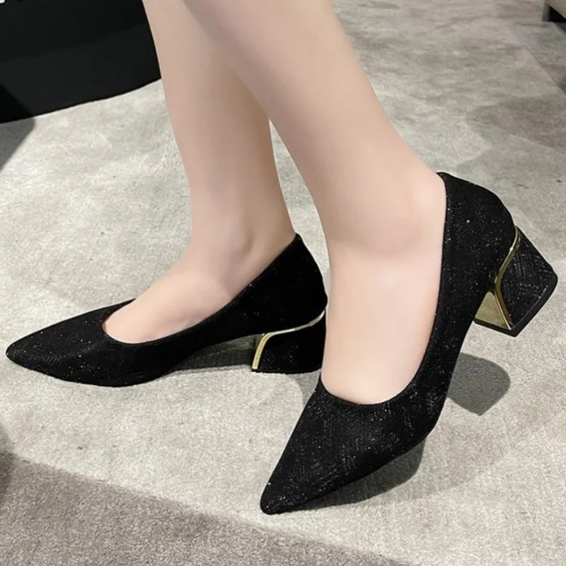 

New Pointed Toe High Heel Shoes Women Black Chunky Heels Pumps Career Square Heels Fashion Work Office Party Dress Shoes