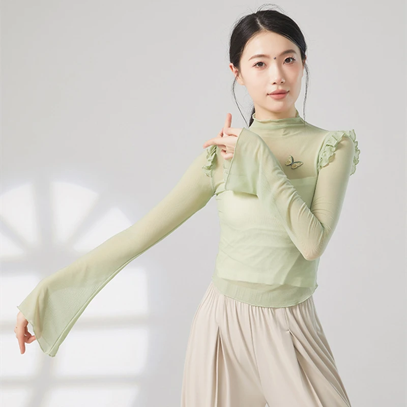 Женский костюм для танцев с длинным рукавом сетчатая рубашка оборками на плечах