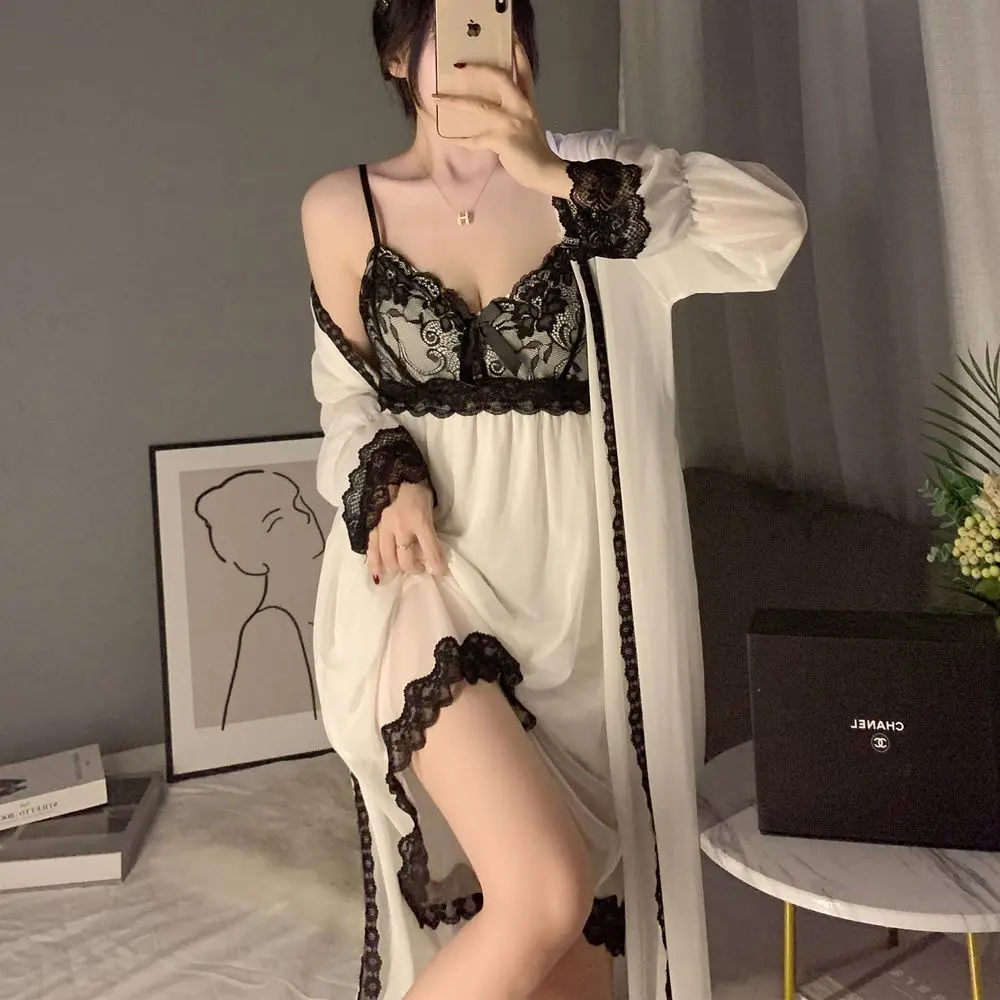 

2pcs Nightgowns Women Sexy Lace Nightdress French Fairy Court Pajamas Sleep Home Dressing Gown Summer Pajama Sleepwear Nightwear