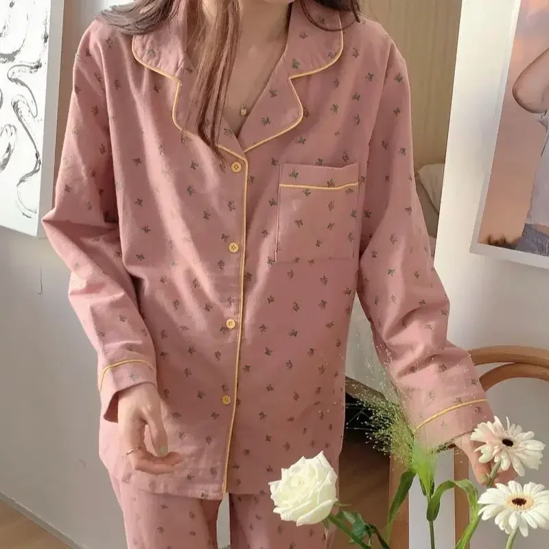 

Осенне-зимний пижамный комплект из 100% хлопка, Женская домашняя одежда, комплект из 2 предметов, теплые розовые штаны с принтом цветов, пижама с длинным рукавом