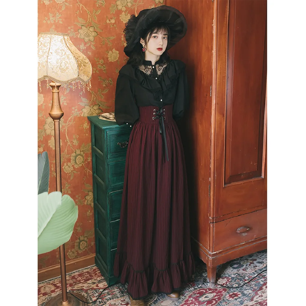 

Gothic England Style Women Cosplay Palace Shirt Long Skirt Set Classic Black Lace Ruffle Shirt High Waist Bandage Skirts