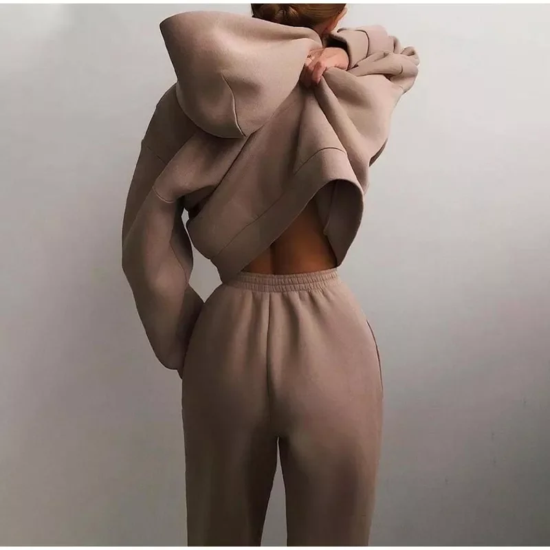 

Tracksuit Women Elegant Solid Warm Suits Hoodies 2 Piece Set Autumn Winter Pullover Sweatshirts Pants