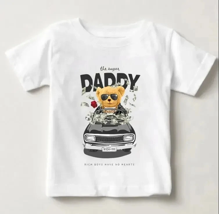 Детская Летняя Футболка Унисекс С Принтом Белого Медведя И Гоночного Автомобиля