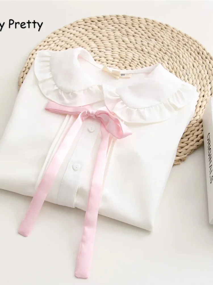 

Merry Pretty Lolita Style Women White Shirt Long Sleeve Peter Pan Collar Pink Bowknot Chiffon Blouse Shirt JK School Uniform Top