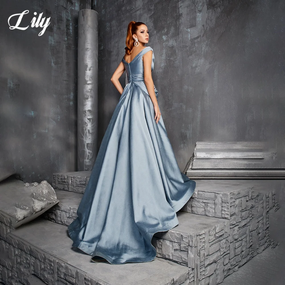 Элегантное платье для выпускного вечера Lily Blue с v-образным вырезом и открытой