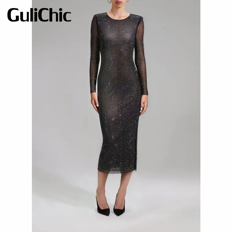 

12.5 GuliChic Women Party Sexy Club Bling Bling Rhinestone Diamonds Round Neck Long Sleeve Slim Mesh Midi Dress