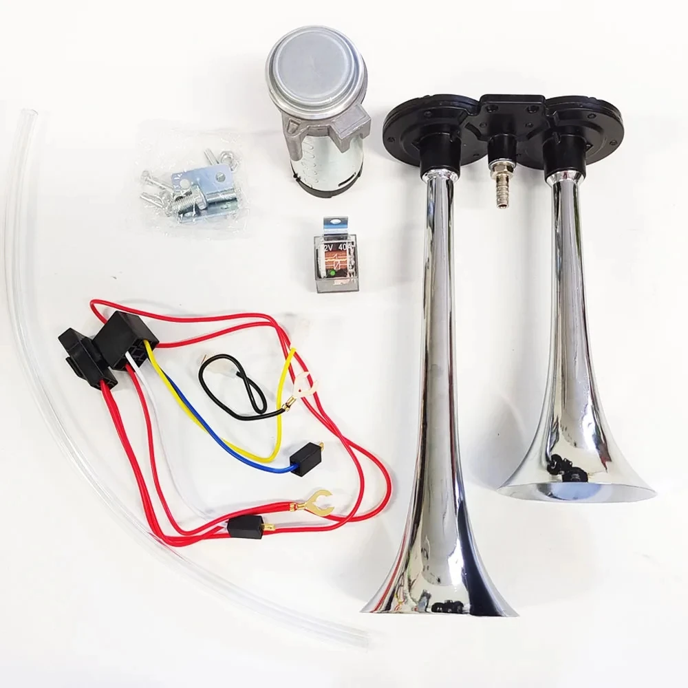 Клаксон воздушный 150 дБ с компрессором двойная труба хромированный Цинковый