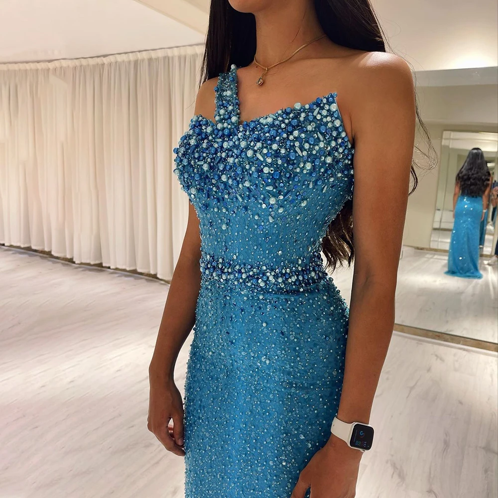 

Private Custom Luxury Dubai Turquoise Blue Mermaid Prom Dress One Shoulder Arabic Women Formal Evening Gowns