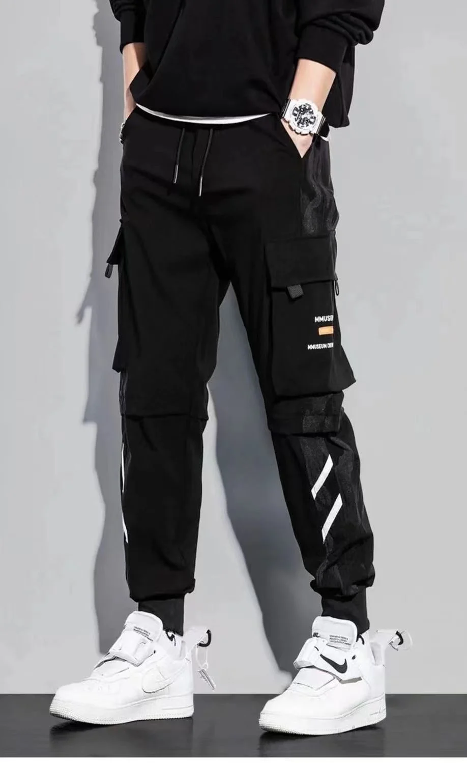 

2023 Classic Streetwear Casual Pants Men Ribbons Harem Jogging Pants Male Slim Fit Spring Cargo Pants Multi-Pockets Women Trouse