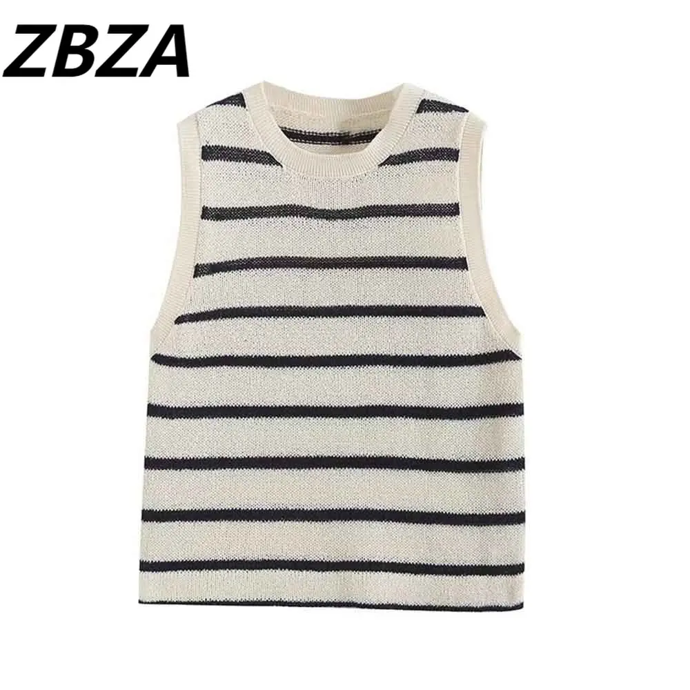 

ZBZA женский 2023 Новый Модный Полосатый укороченный вязаный жилет свитер винтажный с круглым вырезом без рукавов женский жилет шикарные топы