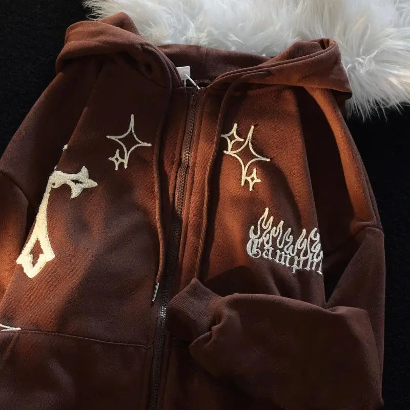 

Brown Color Vintage Street Sweatshirt Hoodie Letter Printing Long Sleeves Casual Warm Fashion Ladies Tops Autumn Womens Clothing