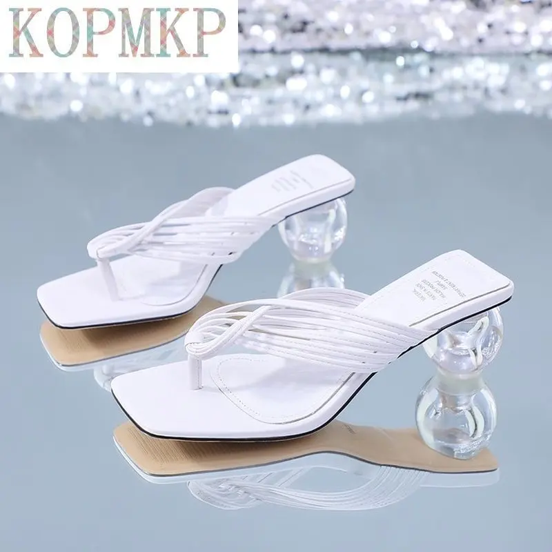 

Summer Women Square Toe Slippers Flip Flop Ladies Fashion High Heels Sandals PU Leather Women's Casual Shoe Female Footwear2021