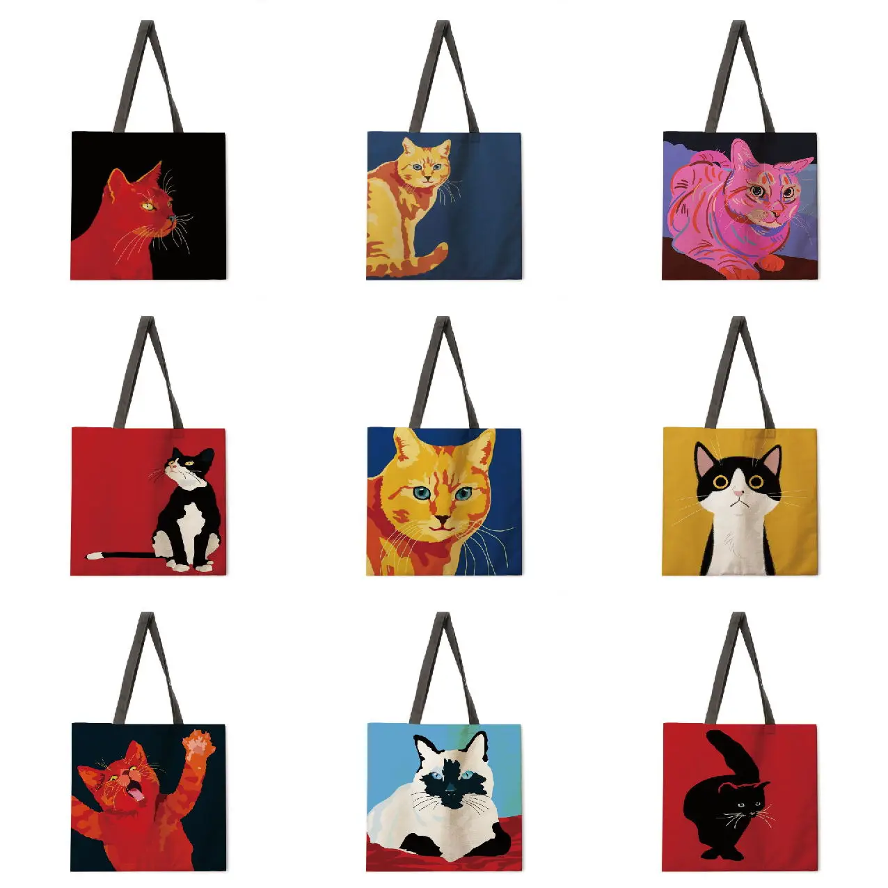 

Painting color cat print women's handbag folding reusable shopping bag linen handbag