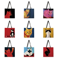 painting color cat print womens handbag folding reusable shopping bag linen handbag