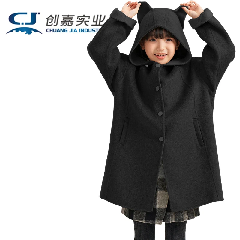 Детское двустороннее кашемировое пальто с капюшоном осенне-зимнее оранжевое