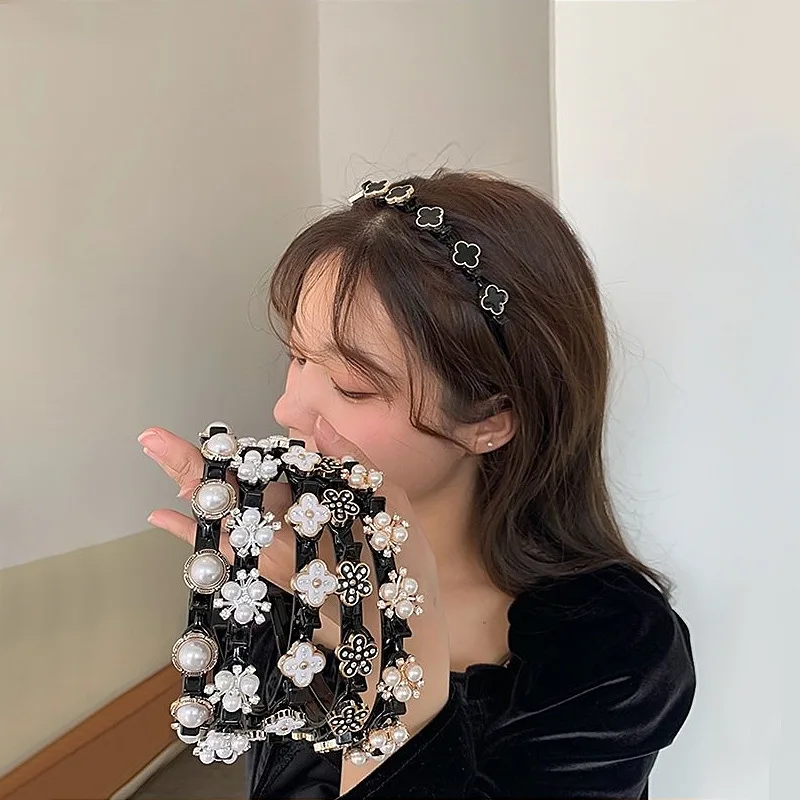

Double Bangs Clip Pearl Headbands for Women Girls Flower Hairbands Plastic Bezel with Clips Hairpin Hairstyle Hair Accessories