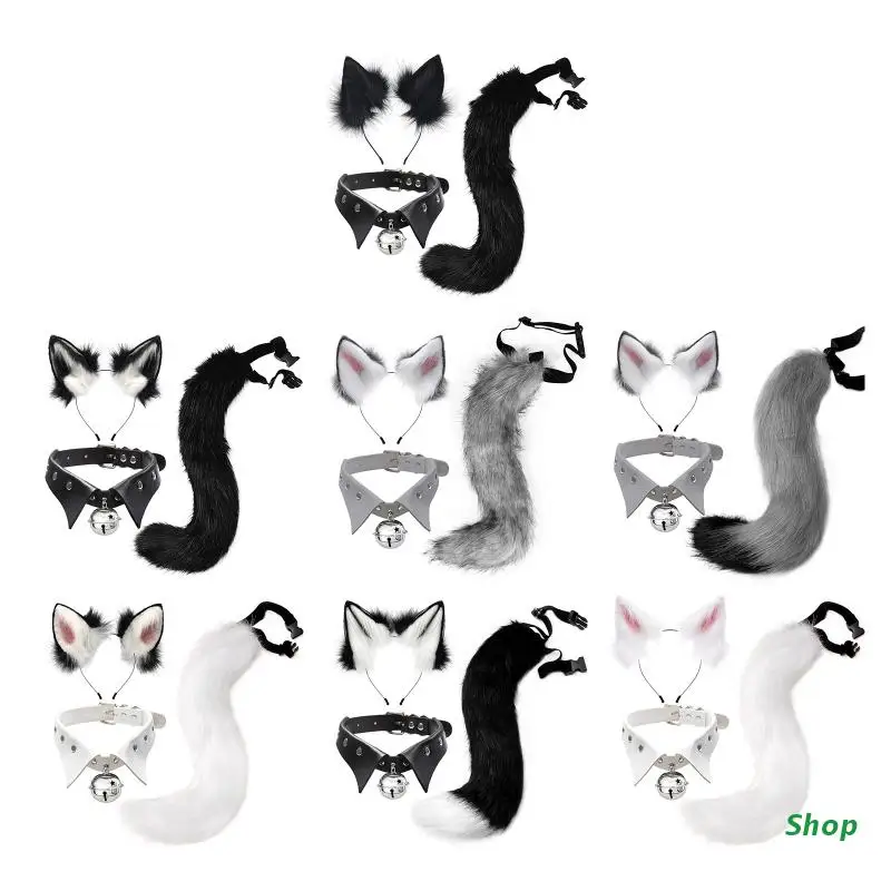 

L5YC Fox Costume Set Fox Ears Headband Headdress Fox Tail Choker for Adults Halloween Costumes Animal Cosplay Party Props