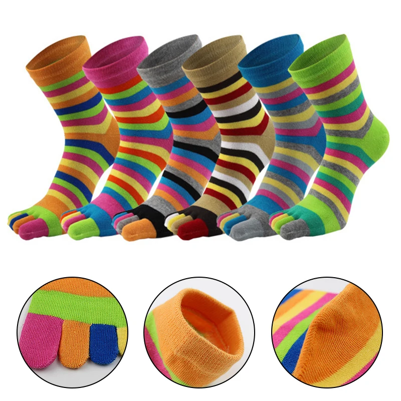 

Good Quality Women Girl Socks With Toes Pure Cotton Striped Colorful Street Fashion Novelty Harajuku Casual Five Finger Socks