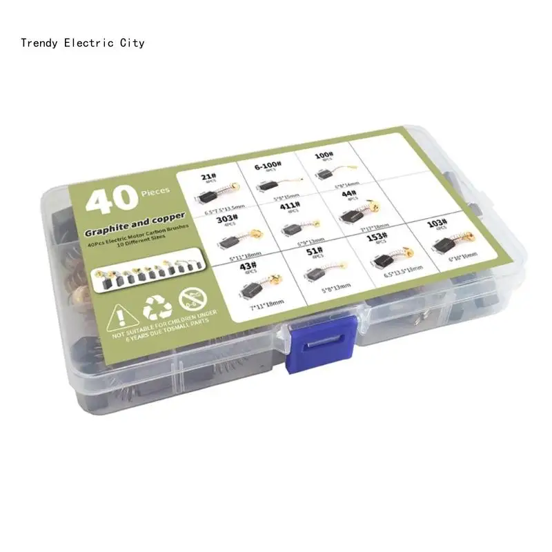

Набор из 40 электрических угольных щеток для ремонта электроинструмента с 10 размерами для обслуживания угловых шлифовальных и