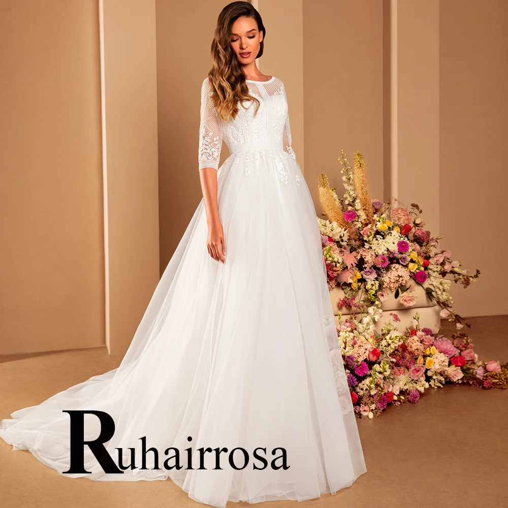 

Ruhair Vintage Scoop Tulle Court Train Button Wedding Dresses 2023 A-Line For Women Appliques Lace Customised Robe De Mariée