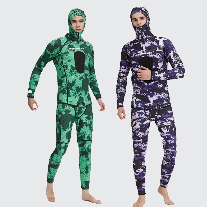 

Men's Spearfishing Wetsuits,3MM Camouflage One Piece Neoprene Diving Suit/Two-Pieces Hooded Snorkeling Suit for Freediving
