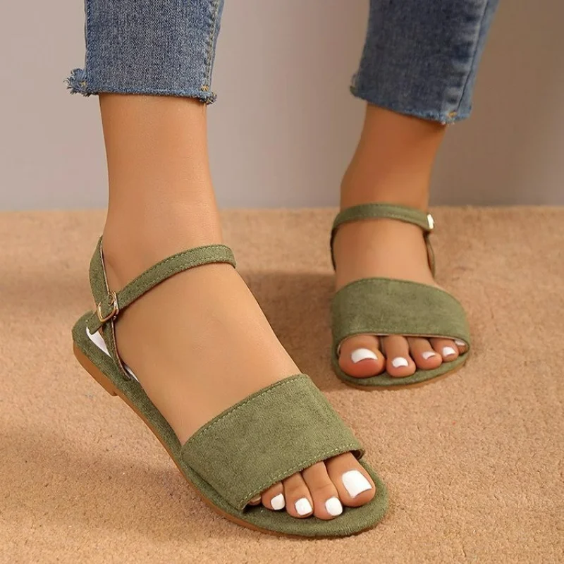 

2023 New Shoes for Women Buckle Women's Sandals Summer Beach Sandals Women Open Toe Solid Color Shoes Ladies Flat Casual Sandals