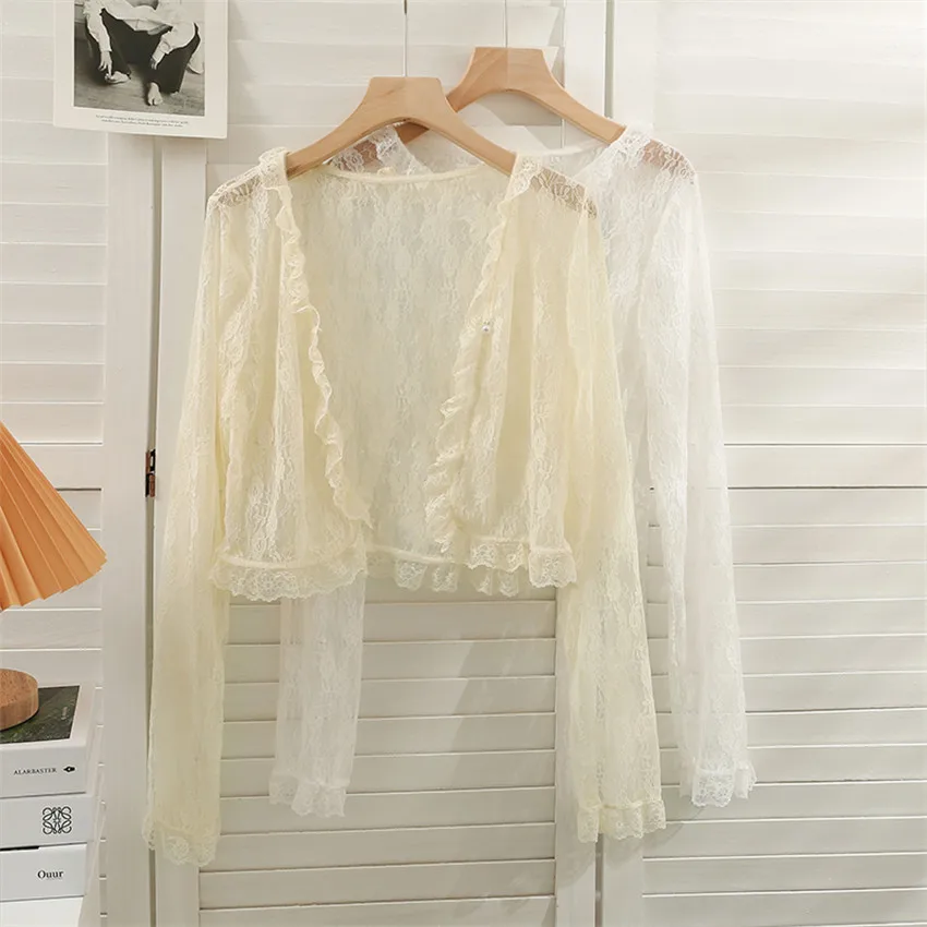 

Ruffle Lace Cardigan Crop Top Women Long Sleeve Thin Coat Sping Summer Beach Sunscreen Shirt Tops Elegant Blouse Cover Up