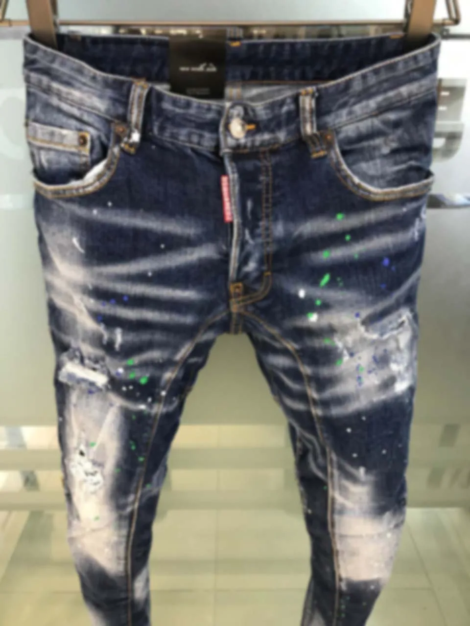 2023 Spring/Summer New D2 Jeans Men's Fashion Men's Water Wash Worn Hole Patch Paint Slim Fit Small Feet Blue
