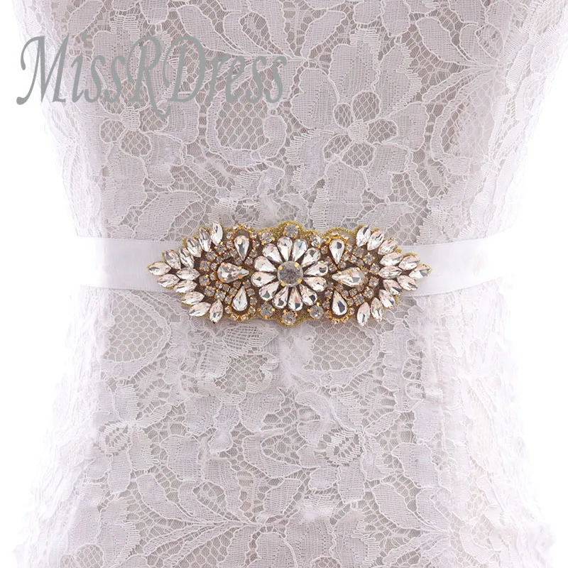 MissRDress Hand Beaded Wedding Belt Gold Crystal Bridal Belt Rhinestone Jeweled Bridal Sash For Wedding Party Gown JK887 images - 6