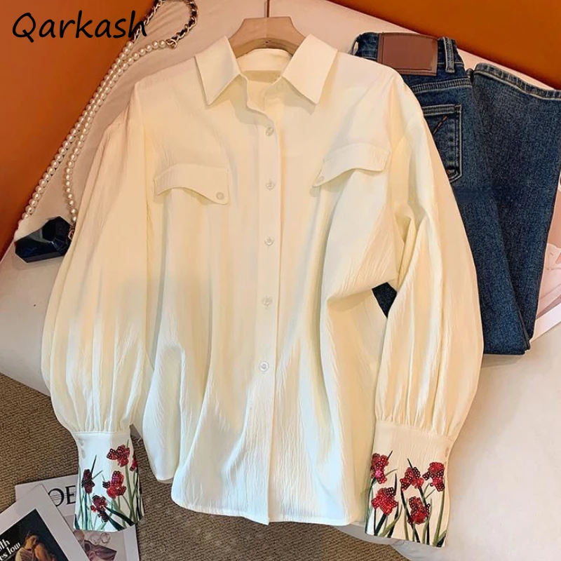 

Рубашки женские с вышивкой во французском стиле, милая стильная рубашка с отложным воротником, очаровательный минималистичный дизайн, Повседневная Базовая одежда для студентов