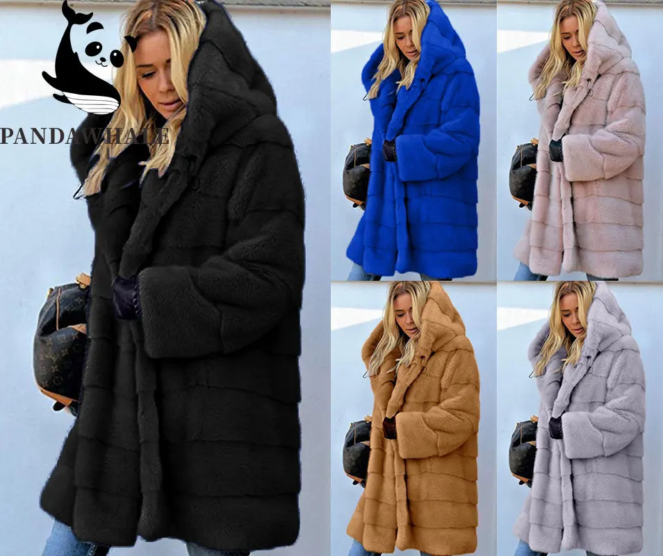 European American Long Faux Fur Coat Solid Loose Plush Hooded Autumn Winter Jacket Women 2022 Warm Streetwear Famale Clothing