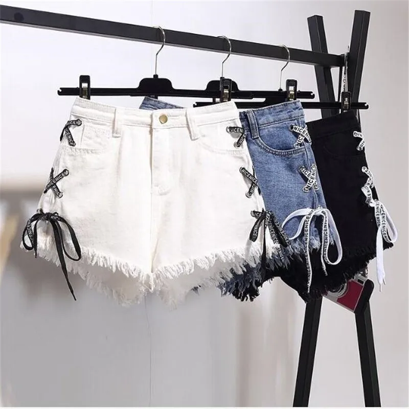 

Sexy Summer Women Denim Shorts 2023 New Black High Waist Ripped Short Jeans Femmen Side Lace Up Bandage Shorts New