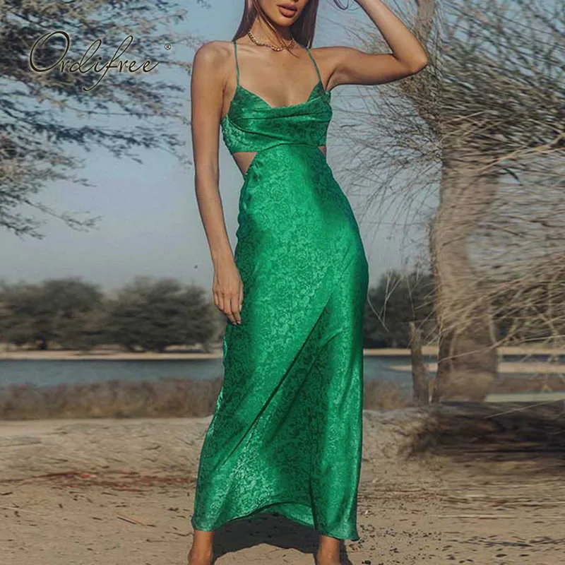 

Женское атласное длинное платье Ordifree, винтажное зеленое шелковое платье макси на бретелях-спагетти с открытой спиной, лето 2022
