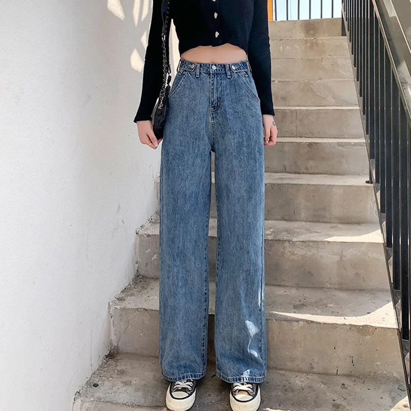 Woman Jeans High Waist Wide Leg Denim Pants Spring Vintage Straight Blue Streetwear Casual Ladies Korean Baggy Jean 2022