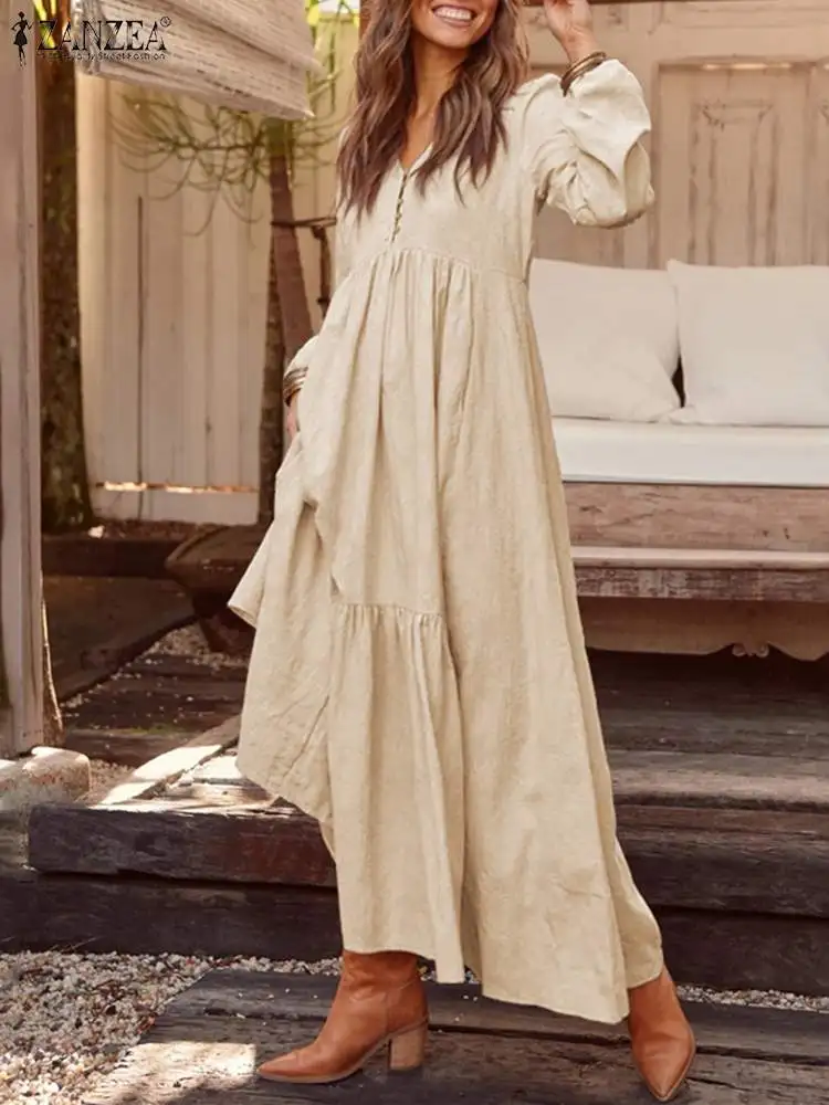 

Весна 2022, длинный сарафан ZANZEA, богемное элегантное платье-рубашка, женское платье макси, Повседневное платье с V-образным вырезом и длинным р...